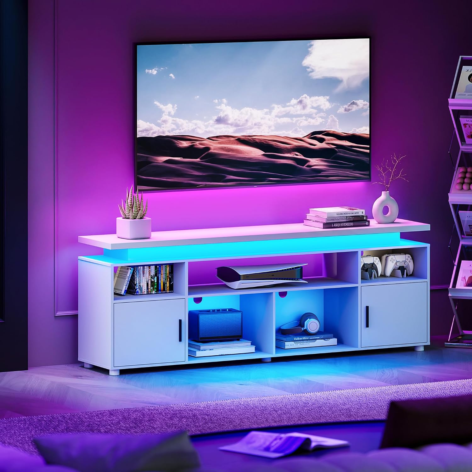 SUNCOZE TV Stand, Entertainment Center with LED Lights and Cabinet for 70/75/80 Inch TV, Modern TV Console Gaming Media Television Stands with Power Outlets for PS5 in Living Room and Bedroom, White