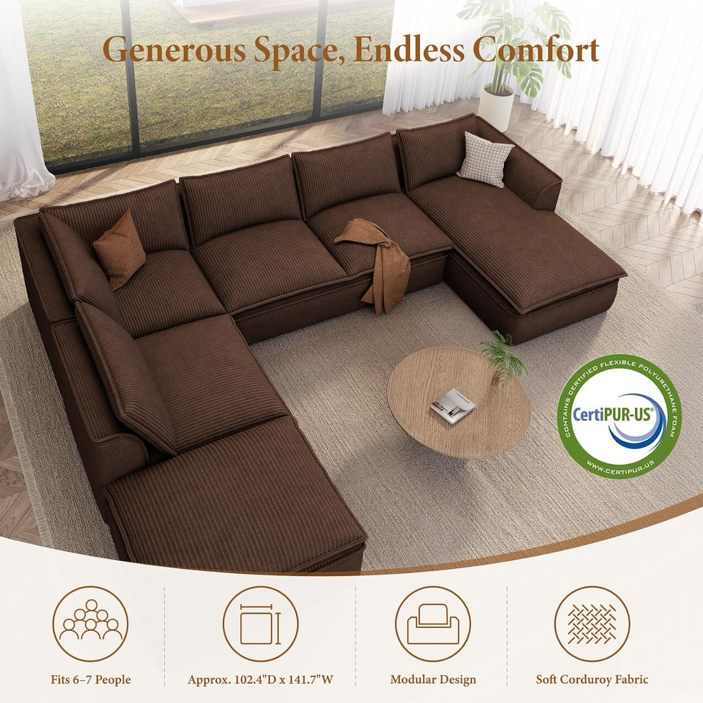 Vesgantti 141.7' Oversized Boneless Sectional Couch, Modern 7 Seater Modular Sofa with Chaise & Ottoman, Deep Seat Corduroy Cloud Couches for Living Room, No Assembly Required, Dark Brown