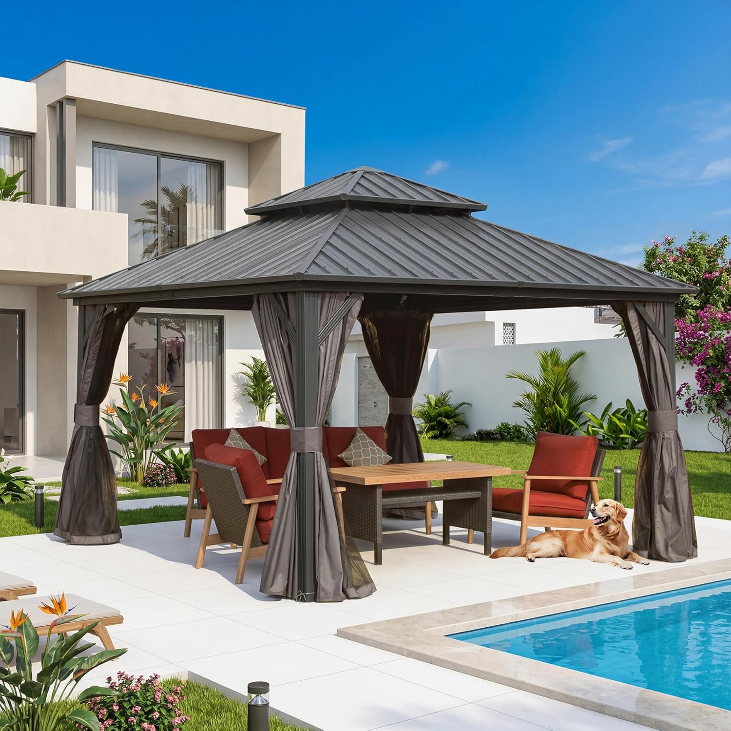 12' x 12' Hardtop Gazebo, Outdoor Aluminum Gazebo with Galvanized Steel Double Roof Canopy, Outdoor Permanent Metal Pavilion with Curtains and Netting for Patio, Backyard and Lawn, Dark Grey