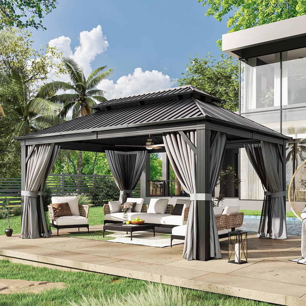 12' X 16' Hardtop Gazebo with Mosquito Netting and Curtains, Outdoor Gazebos with Double Roof, Galvanized Steel Permanent Aluminum Gazebo, for Gardens, Decks, Patios, Parties
