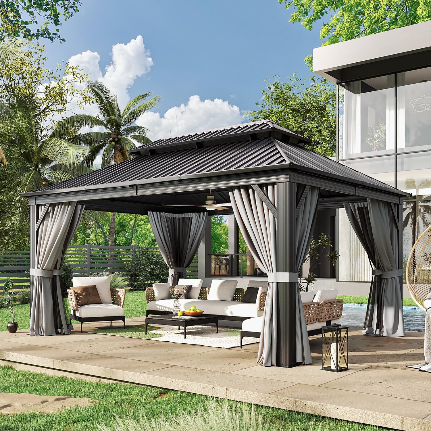 12' X 16' Hardtop Gazebo with Mosquito Netting and Curtains, Outdoor Gazebos with Double Roof, Galvanized Steel Permanent Aluminum Gazebo, for Gardens, Decks, Patios, Parties