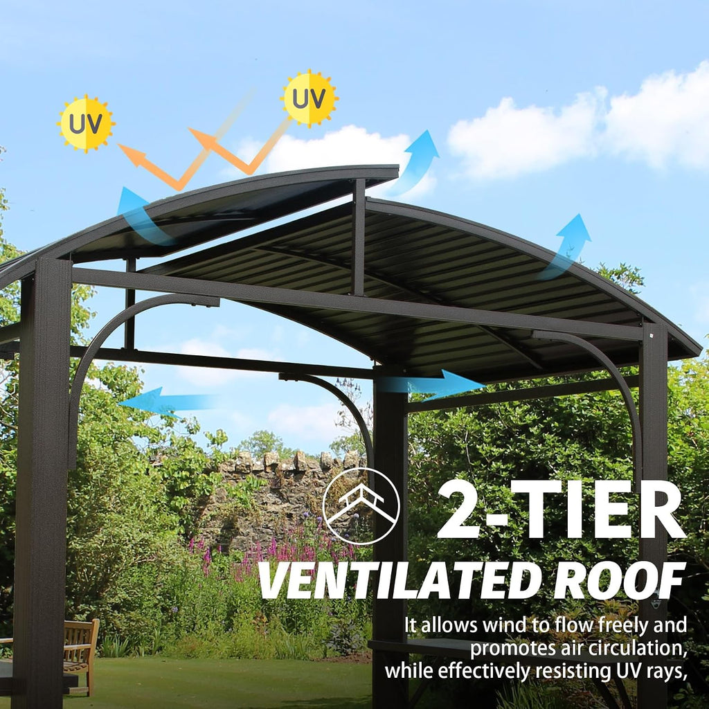 8x5 Grill Gazebo, Outdoor BBQ Gazebo with Double Galvanized Steel Roof, Barbeque Hardtop Grill Gazebo with 2 Side Shelves and Bottle Opener, Metal Grilling Gazebo for Patio, Garden, Backyard (Brown)