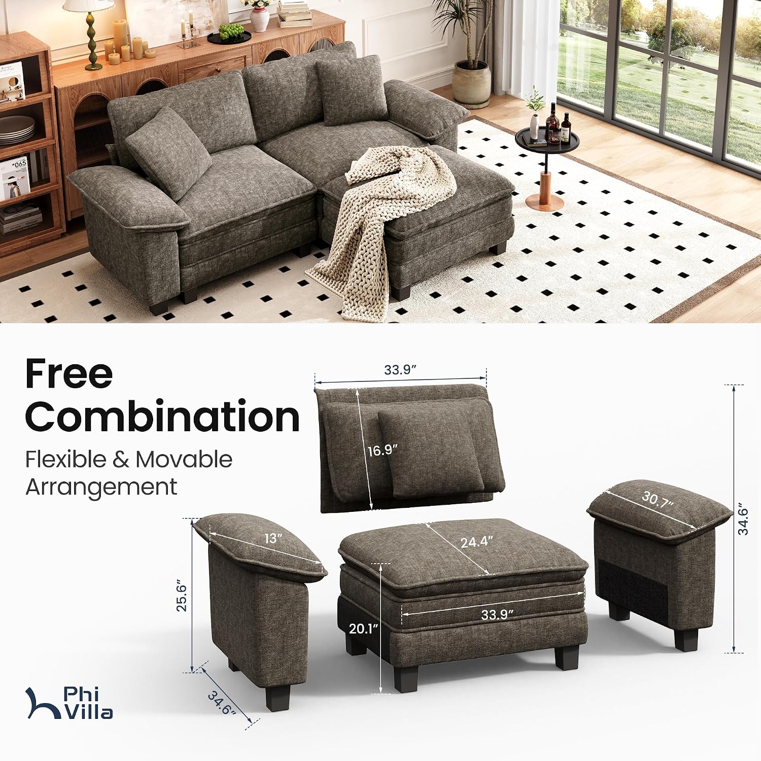 PHI VILLA Cloud Modular Couches Sets, 87.5' Sectional Loveseat Sofa with 1 Movable Ottoman, 3-Seater Comfy Couches for Living Room Apartment, Chenille Fabric, Smoky Grey