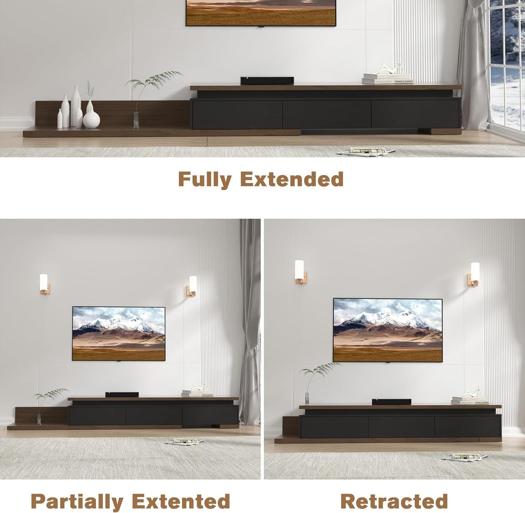 Betterhood Extendable TV Stand with LED Lights (80' - 106'), Wood Entertainment Center for Up to 120' TV, Modern Reversible TV Console with Three Drawers, Living Room, Bedroom, Black & Walnut