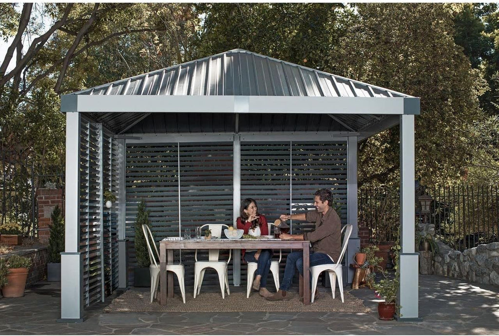 Sojag Outdoor 12' x 12' Nanda Louver Wall Hardtop Gazebo Outdoor Sun Shelter, Light Grey