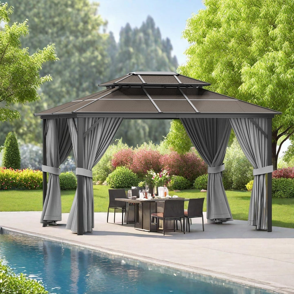 10'x12' Hardtop Gazebo - Heavy Duty Galvanized Steel Frame with Double Roof, Includes Netting & Curtains for Patio/Backyard (Gray)