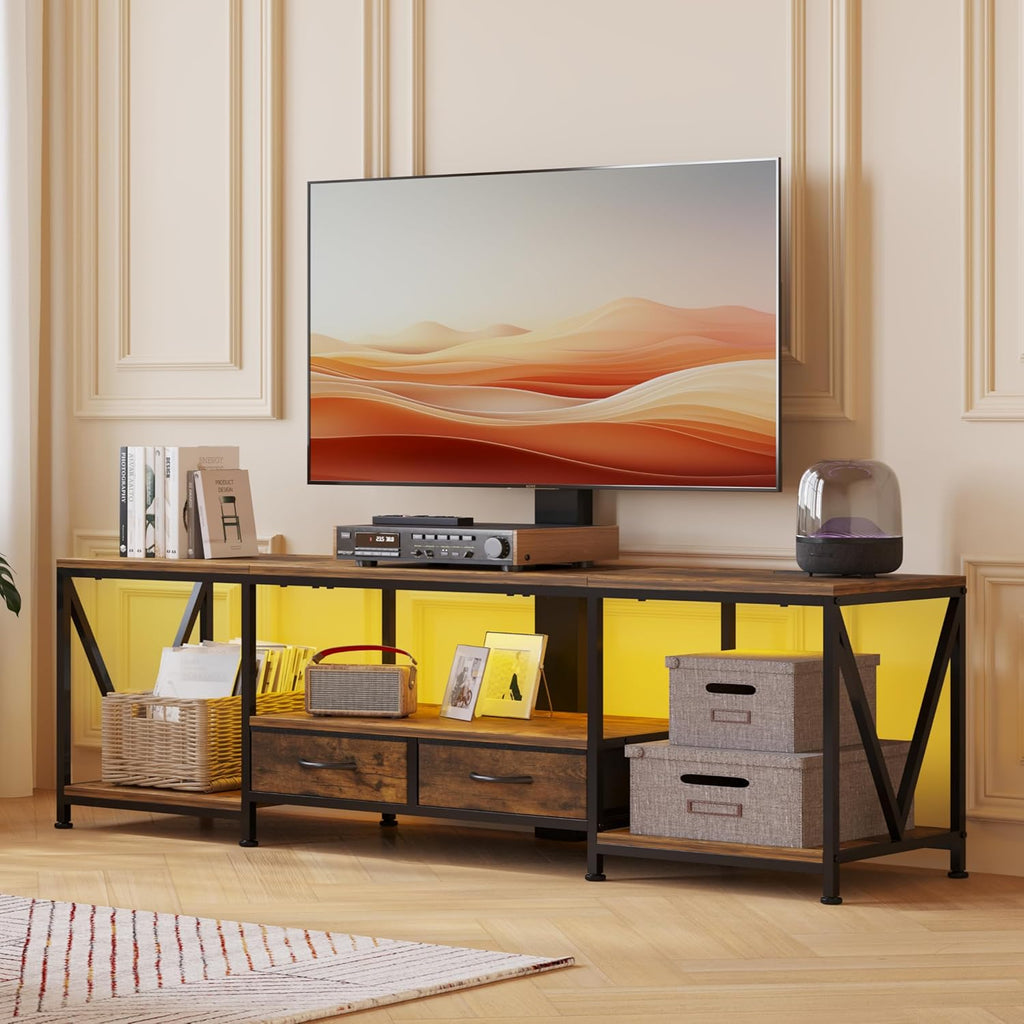 63' W TV Stand with Mount for 55,65,75' TV,Entertainment Center with Power Outlet&Led Lights,Height Adjustable TV Console Table with Open Storage Shelves&Fabric Drawers (Rustic Brown, 63'W)