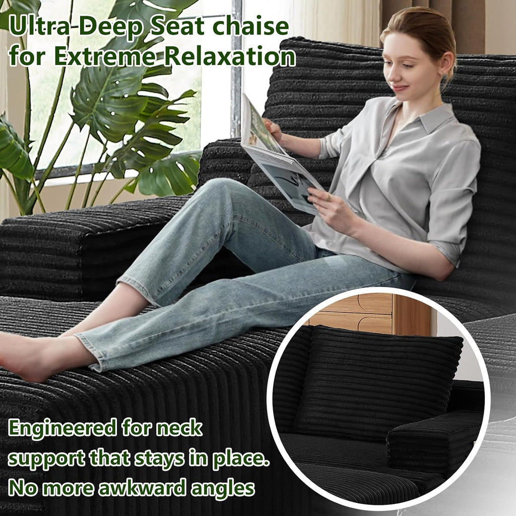 96' Modular Sectional Sofa, Modern Corduroy Cloud Couch with Side Pockets, Boneless Couch Upholstered 3-Seater L-Shaped Sofa for Living Room, No Assembly Required (Black, Left-Facing Chaise)