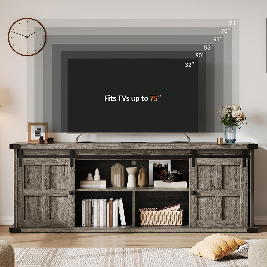 GarveeHome 70 in Farmhouse TV Stand for 75 in TVs, Modern Entertainment Center with Sliding Barn Doors, Modern Media TV Console Table, Wood Long TV Stand for Living Room