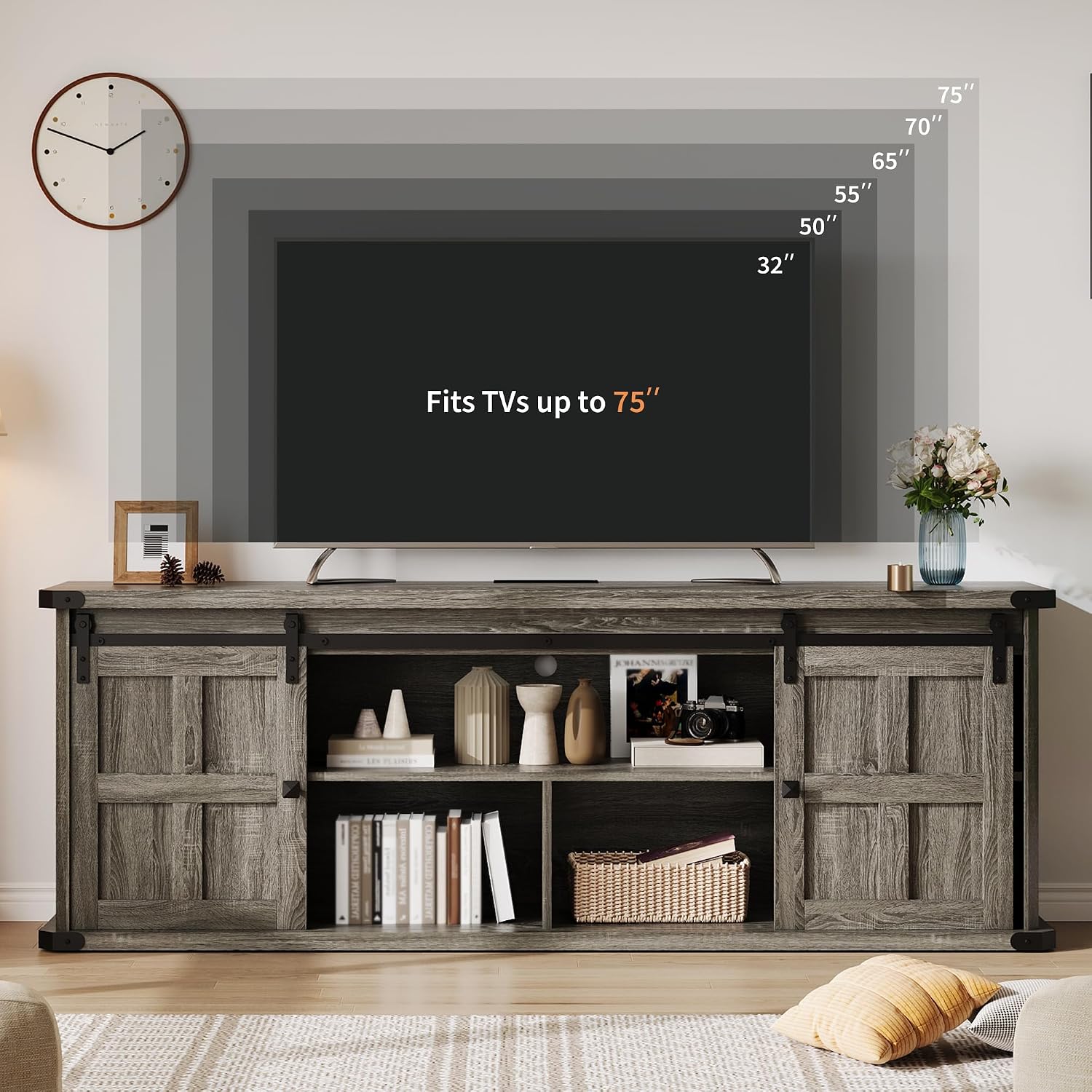 GarveeHome 70 in Farmhouse TV Stand for 75 in TVs, Modern Entertainment Center with Sliding Barn Doors, Modern Media TV Console Table, Wood Long TV Stand for Living Room