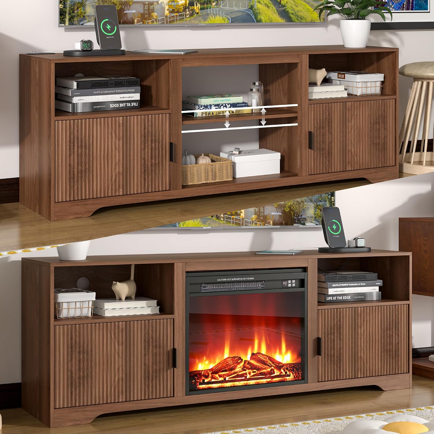 Fireplace TV Stand for Television up to 80 Inch,Entertainment Center with Adjustable Shelf,Mid-Century Modern Fluted TV Stand with 23' Electric Fireplace,Media Console for Living Room,Bedroom
