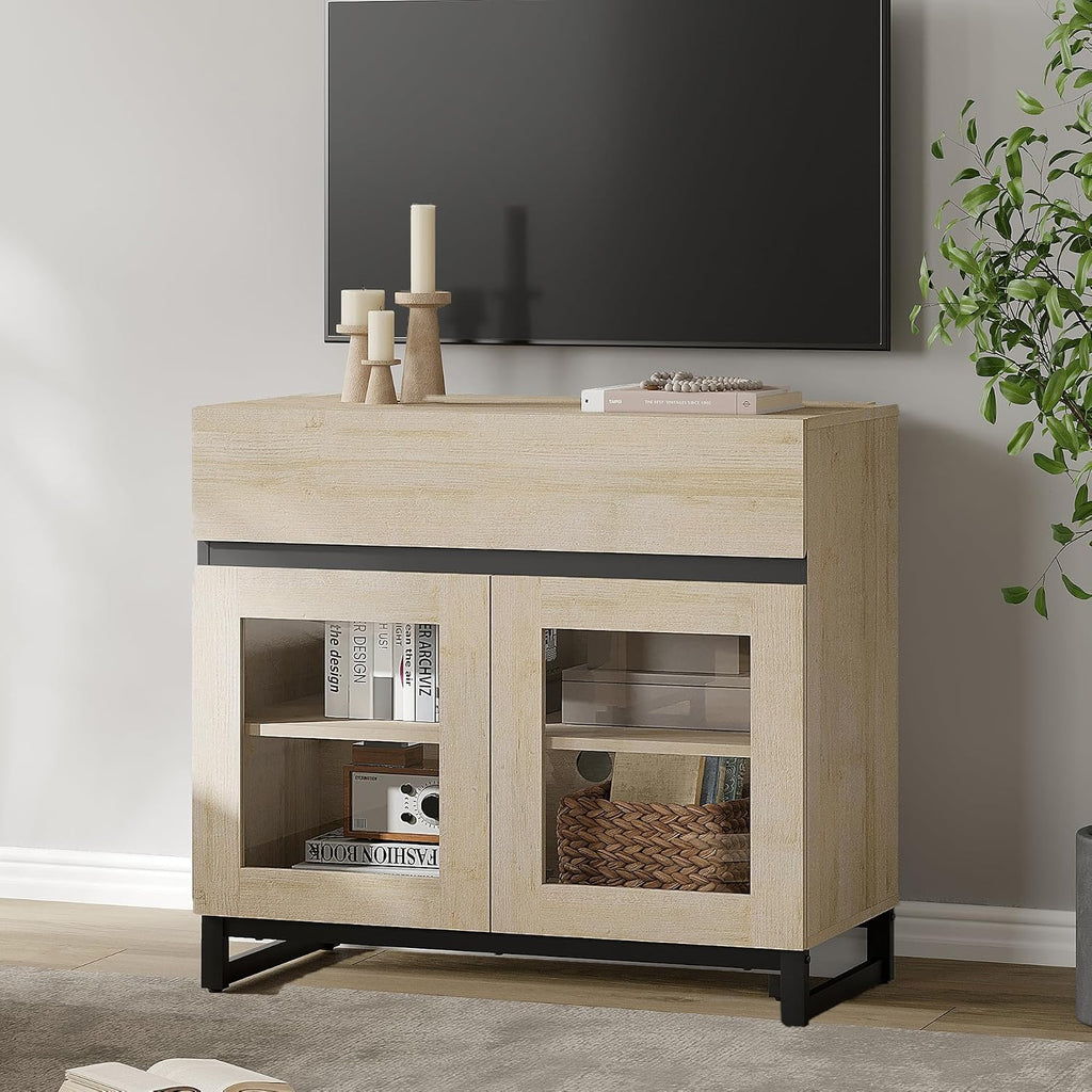 WAMPAT Modern TV Stand with Glass Doors for 26-40 inch TVs, Entertainment Center Console with Drawer and Metal Base for Living Room, Bedroom, Beige