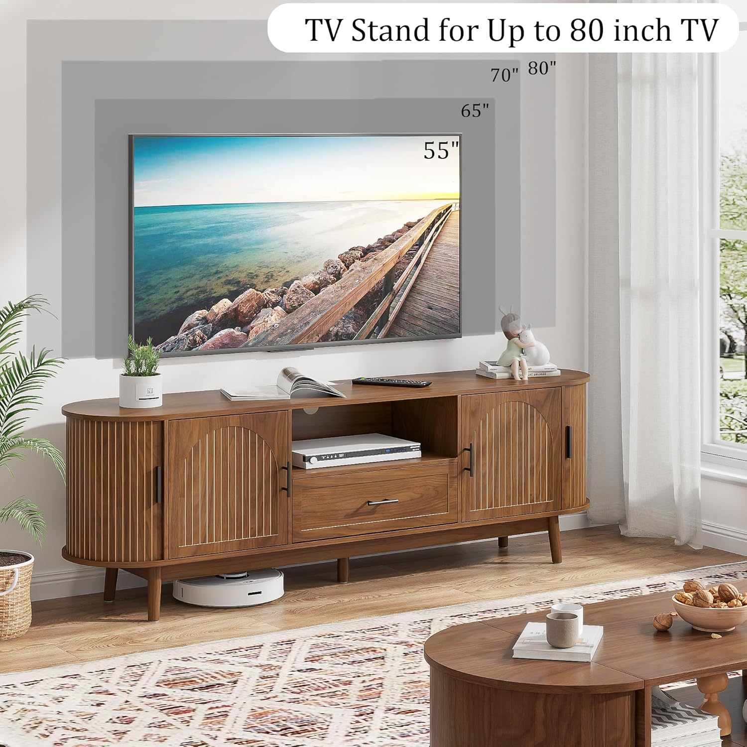 Mxtxmy 70' Fluted TV Stand for Tvs up to 80', Mid-Century Modern Entertainment Center with Drawers and Fluted Doors, Curved TV Media Console Table with Sliding Doors for Living Room, Bedroom (70')