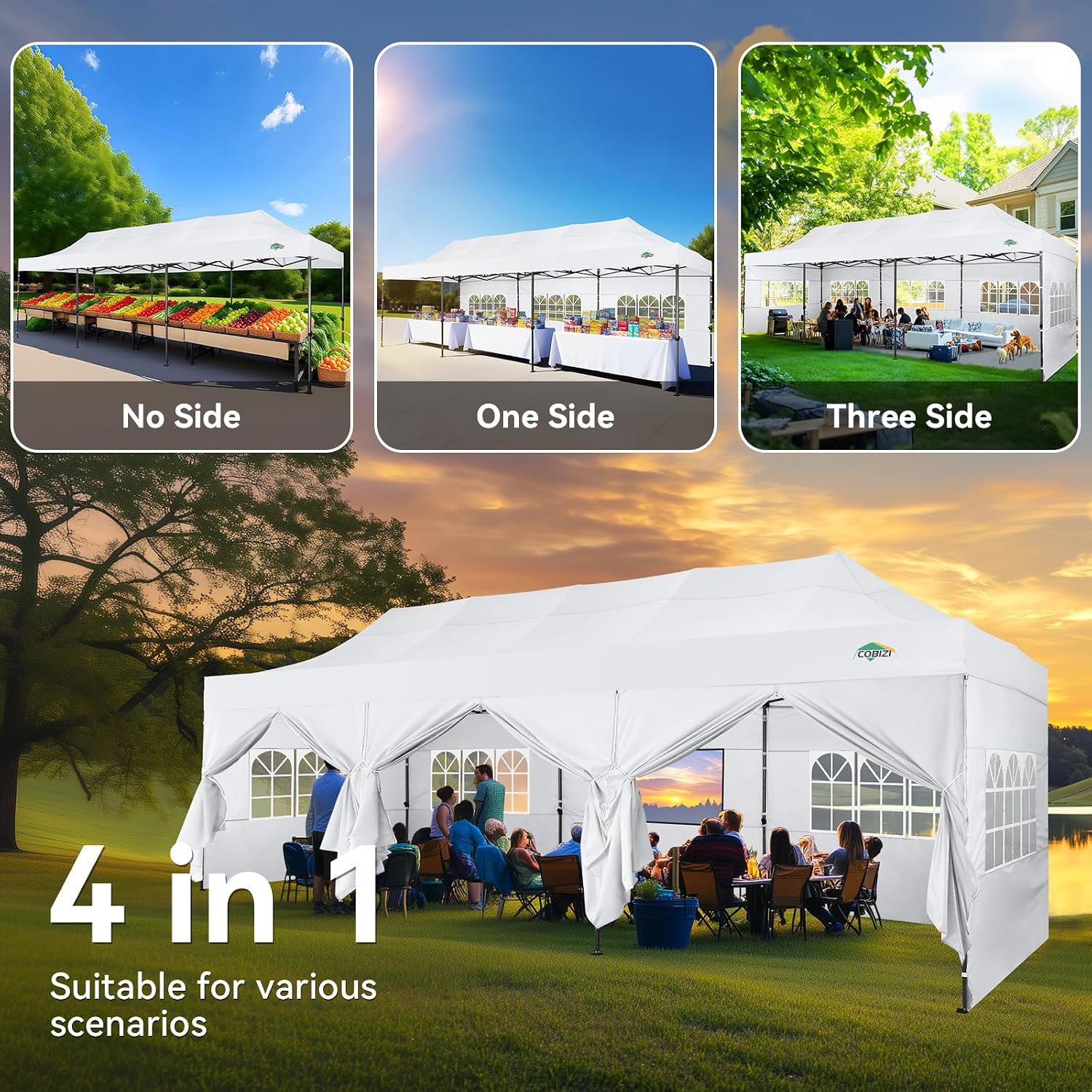 COBIZI 10x30 Heavy Duty Pop Up Canopy Tent with 8 Sidewalls Thicken Frame, Commercial Easy Up Outdoor Wedding Party Tents, All Season Waterproof Windproof with Stakes Sandbags Ropes Roller Bag, White