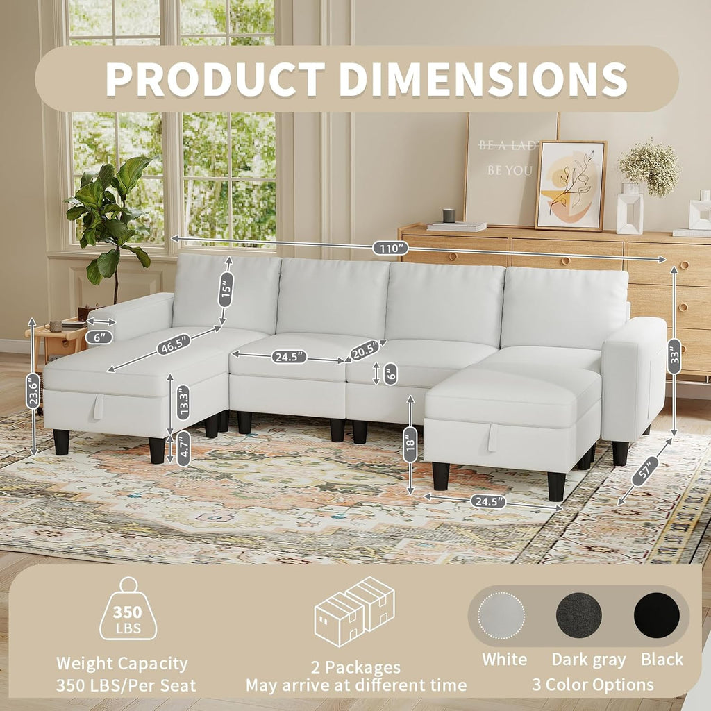 Modular Sectional Couches for Living Room, 110' U Shaped Sectional Sofa with Adjustable Backrest, 6 Seat Linen Cloud Couch Sectionals with Storage Ottoman for Apartment (White)