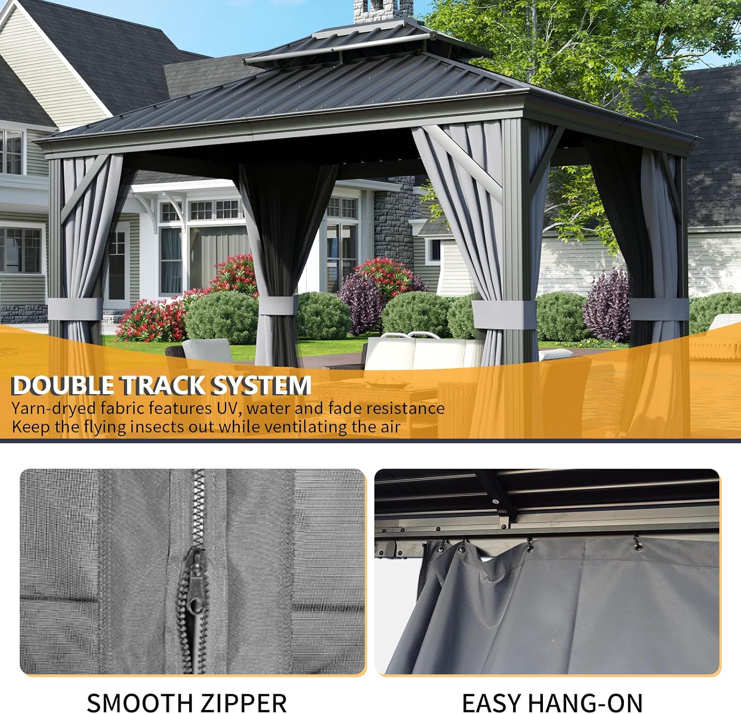 10' x 12' Permanent, Galvanized Steel Double Top, Hardtop Aluminum Frame Gazebo, Outdoor Metal Gazebo with Curtains and Netting, for Decks, Lawns, Parties, Parties