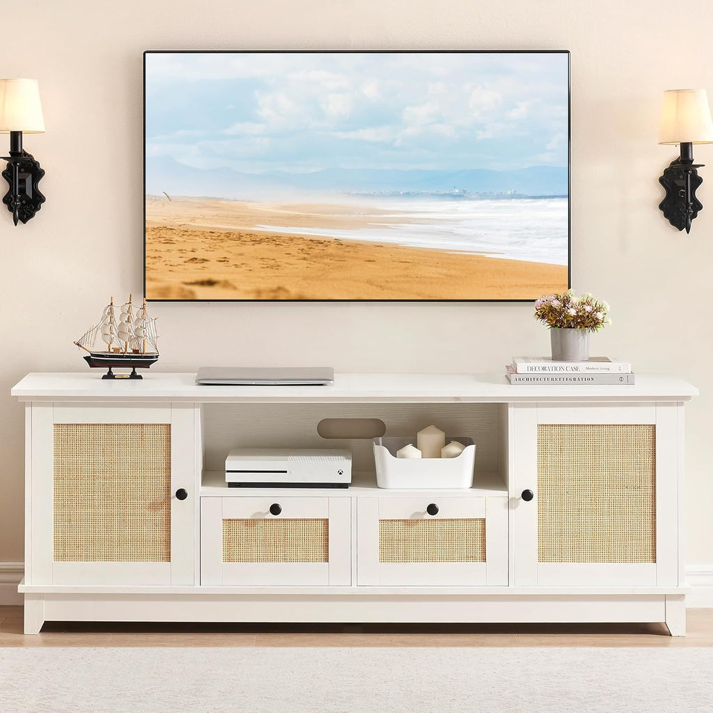 GAOMON Rattan TV Stand for 65 Inch TV, Boho Entertainment Center, TV Console with 2 Cabinets & Adjustable Shelf, Modern TV Stand with Storage (White Desktop)