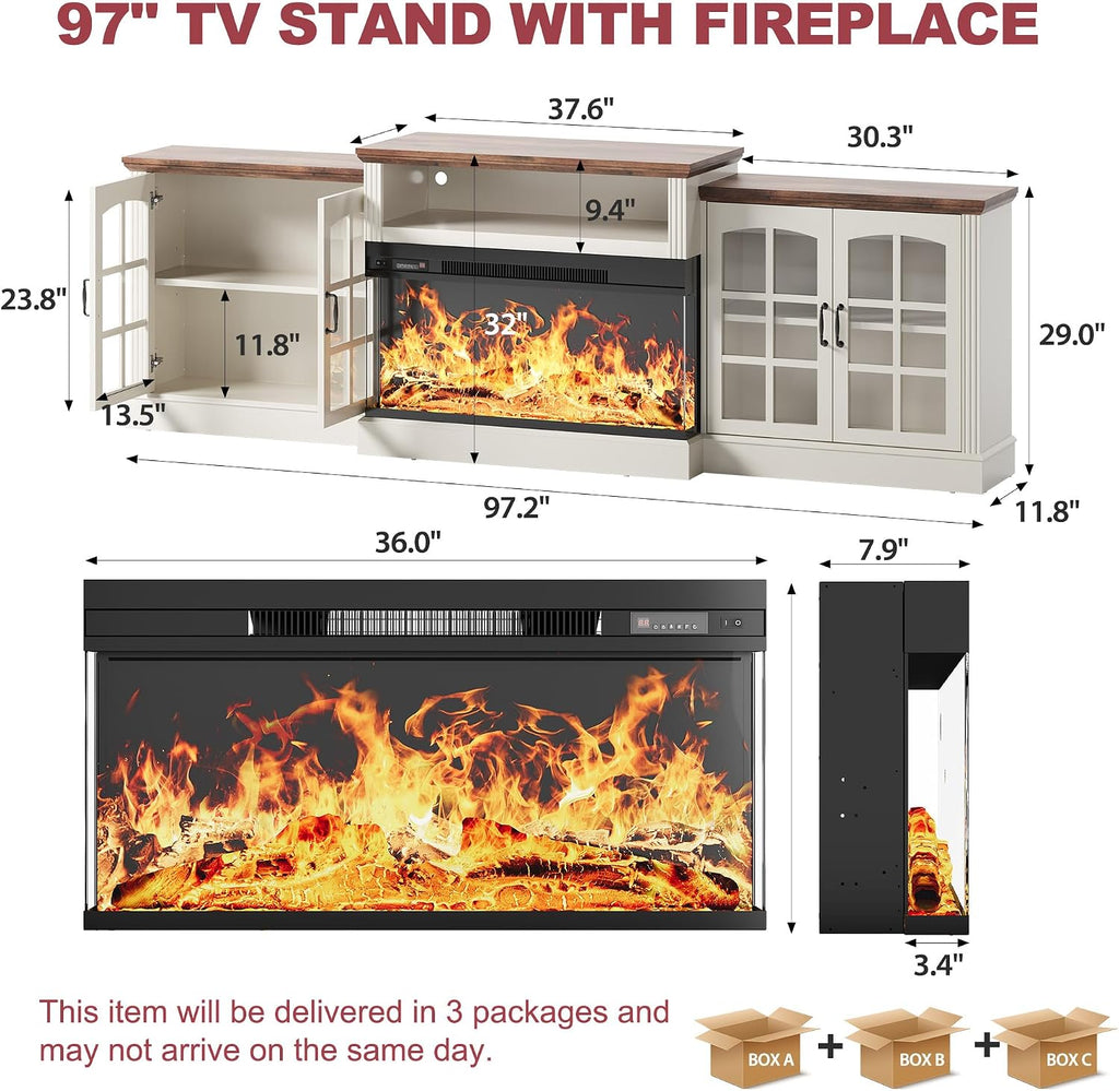 97' Fireplace TV Stand with 36' Electric Fireplace, Farmhouse Entertainment Center for TVs up to 100', Media Console Table with Large Storage Cabinets, for Living Room, White