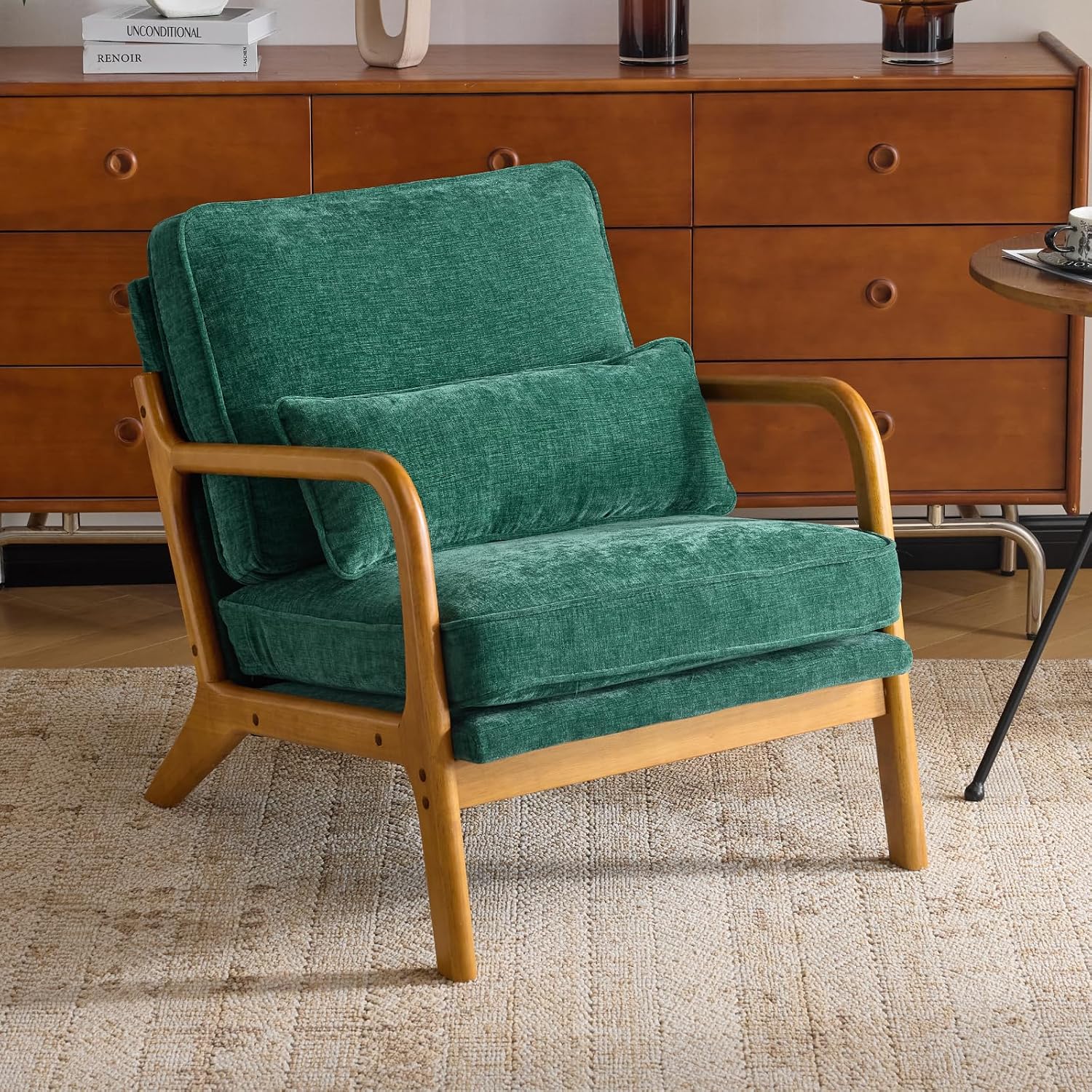 Karl home Mid Century Modern Accent Chair with Lumbar Pillow & Oak Arms – Plush Chenille Living Room Chair for Bedroom, Lounge (Dark Green)