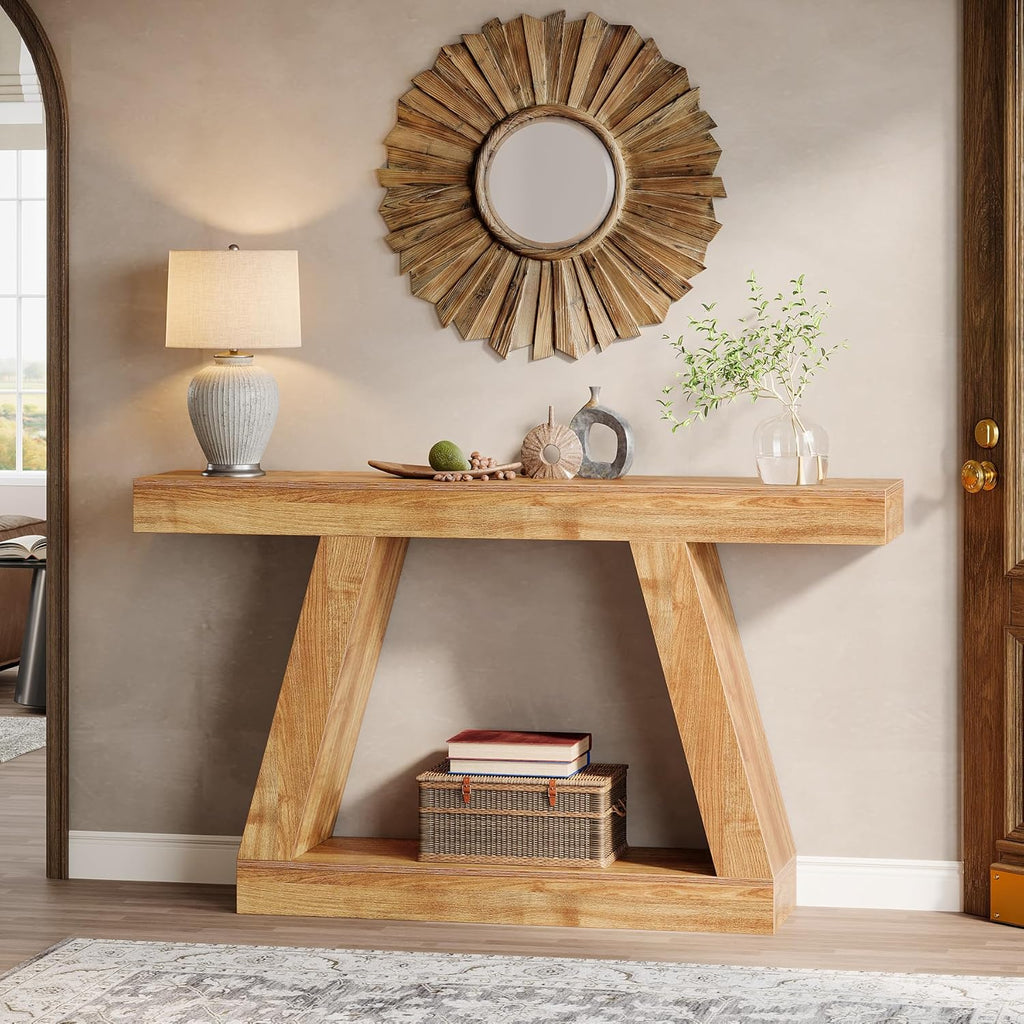 Tribesigns Farmhouse Console Table, 55-Inch Rustic Sofa Table with Storage, Industrial Wooden Entryway Table for Hallway, Living Room, Natural Brown
