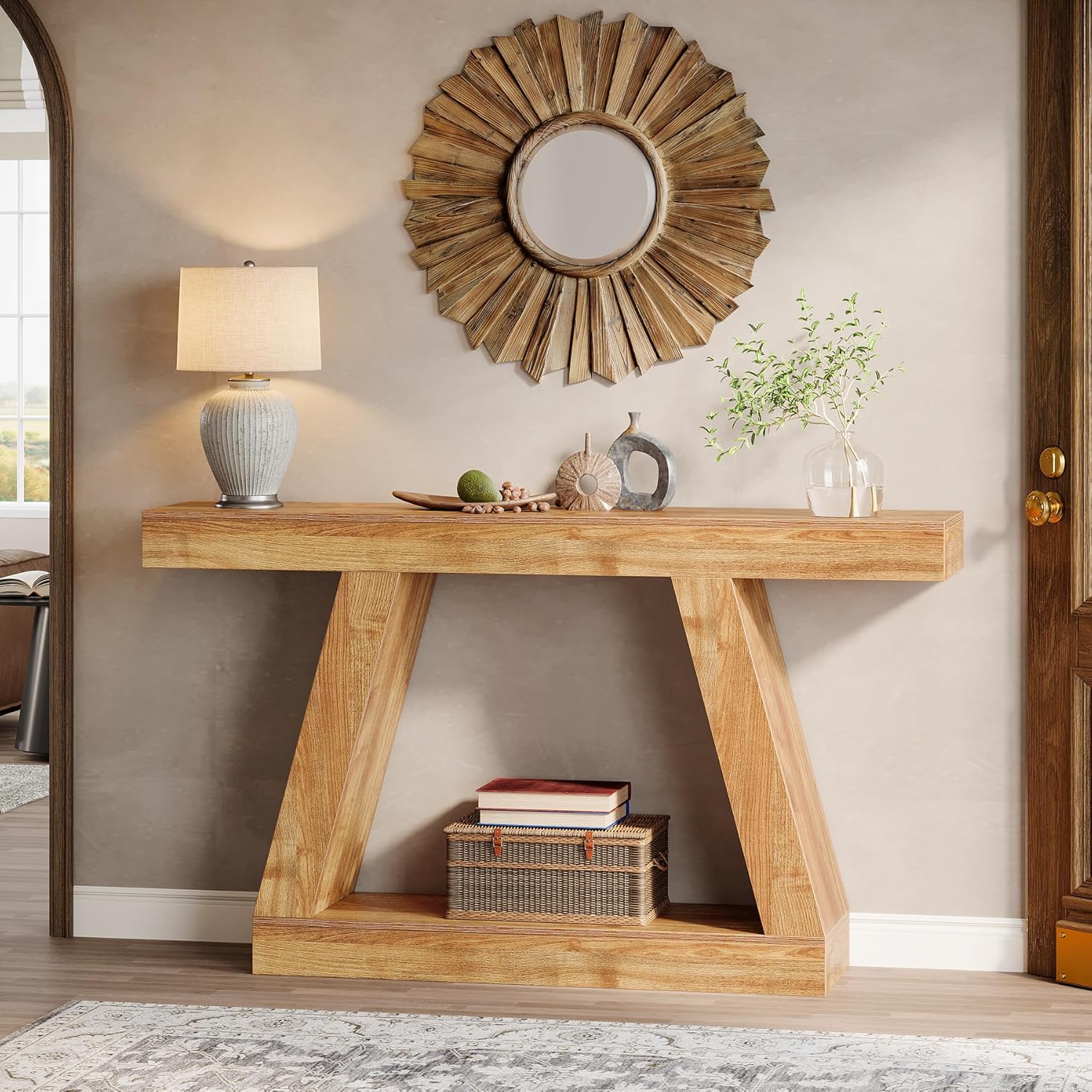 Tribesigns Farmhouse Console Table, 55-Inch Rustic Sofa Table with Storage, Industrial Wooden Entryway Table for Hallway, Living Room, Natural Brown