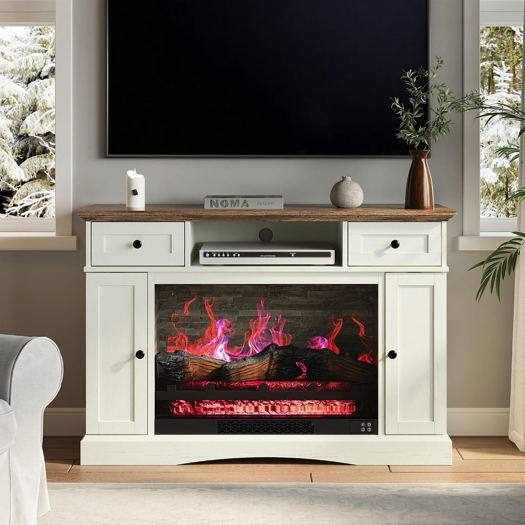 RoyalCraft TV Stand with 28'' Fireplace for TVs up to 55'', Media Console Table with Adjustable Shelves, Double-Door Design, Entertainment Center for Living Room, Bedroom, White