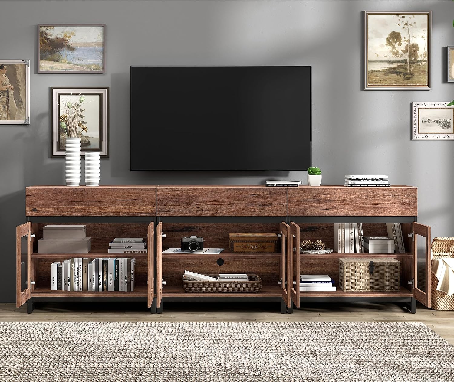 WAMPAT Modern TV Stand with Glass Doors for 70-100 inch TVs, 3 in 1 Entertainment Center Console with 3 Drawers and Metal Base for Living Room, Bedroom, Brown