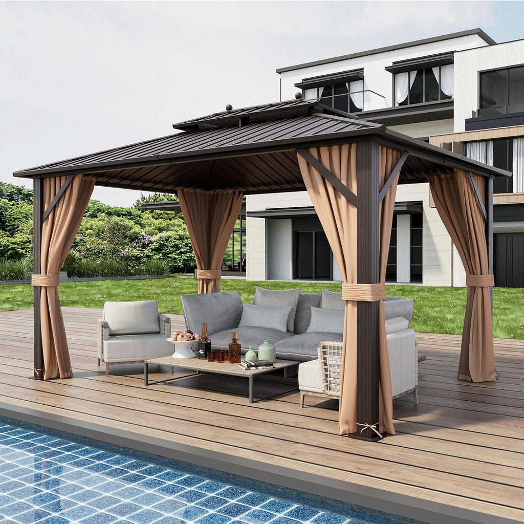 Tangkula 10x13 FT Hardtop Gazebo, Patio Gazebo with Galvanized Steel Double Roof & Aluminum Frame, Permanent Pavilion Outdoor Gazebo with Netting & Curtains for Patio, Garden, Lawn, Backyard, Deck