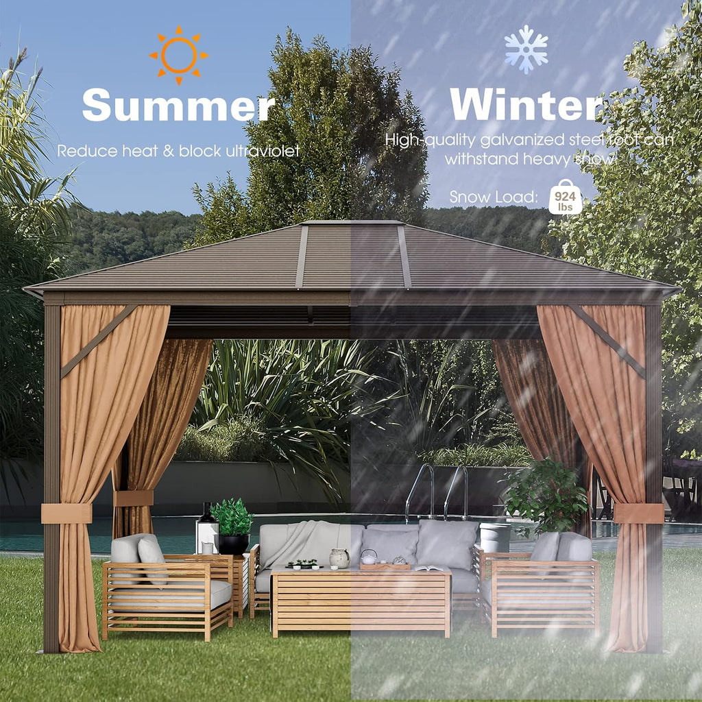 Tangkula 12x10 Ft Hardtop Gazebo, Double-Top Outdoor Gazebo with Galvanized Steel Top, Aluminum Frame, Patio Permanent Gazebo Pavilion with Netting and Curtains for Garden, Lawn, Backyard