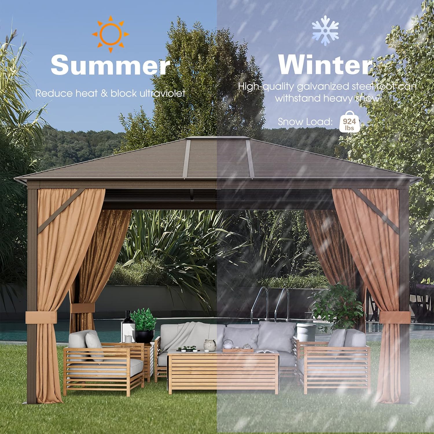 Tangkula 12x10 Ft Hardtop Gazebo, Double-Top Outdoor Gazebo with Galvanized Steel Top, Aluminum Frame, Patio Permanent Gazebo Pavilion with Netting and Curtains for Garden, Lawn, Backyard
