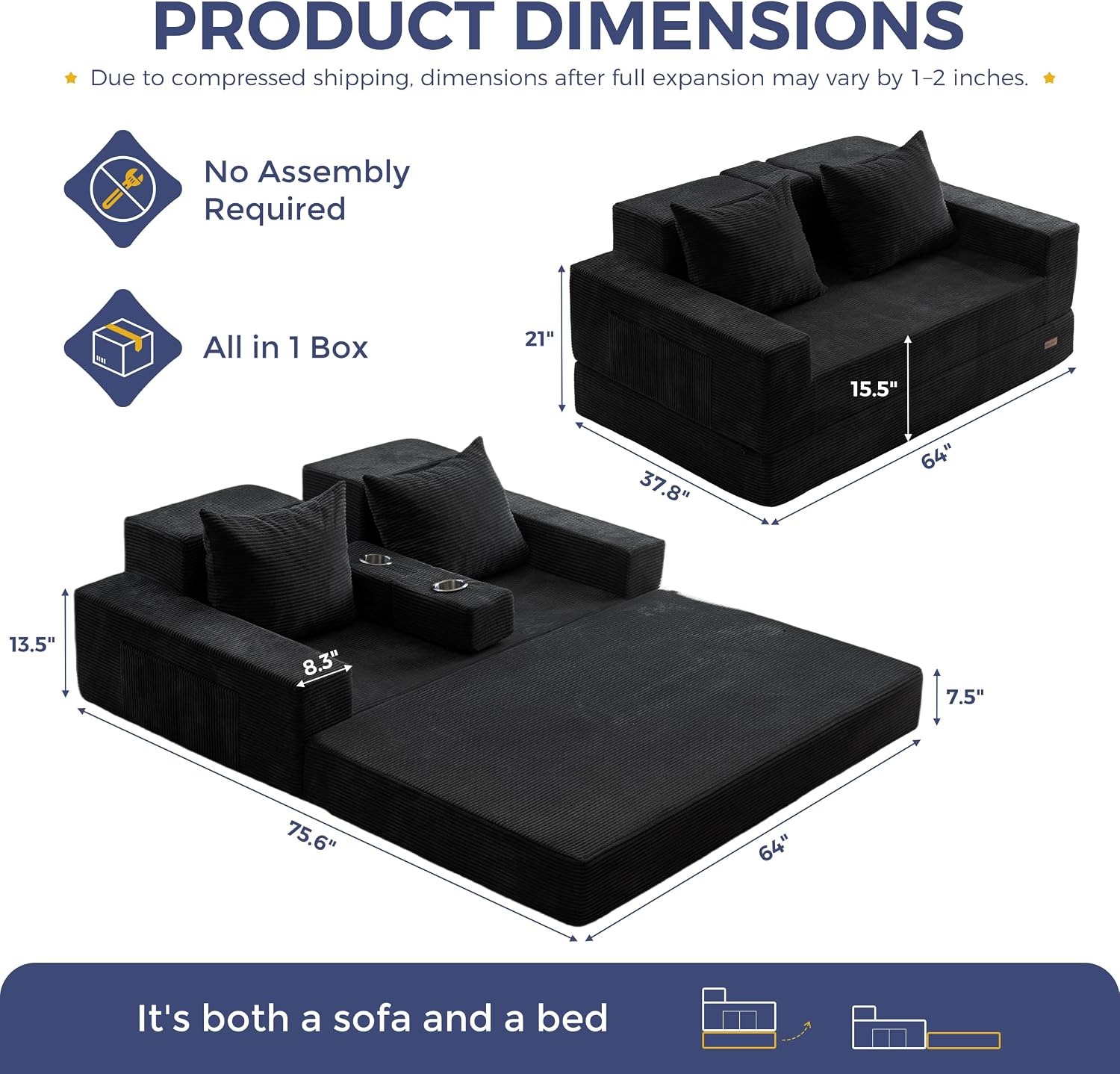 MAXYOYO Loveseat Sofa Bed, 64' Foldable Floor Sofa Couch in A Box with 2 Cup Holders, 4 in 1 Convertible Boneless Couch Folding Recliner Sleeper Chair for Living Room, No Assembly Required, Black