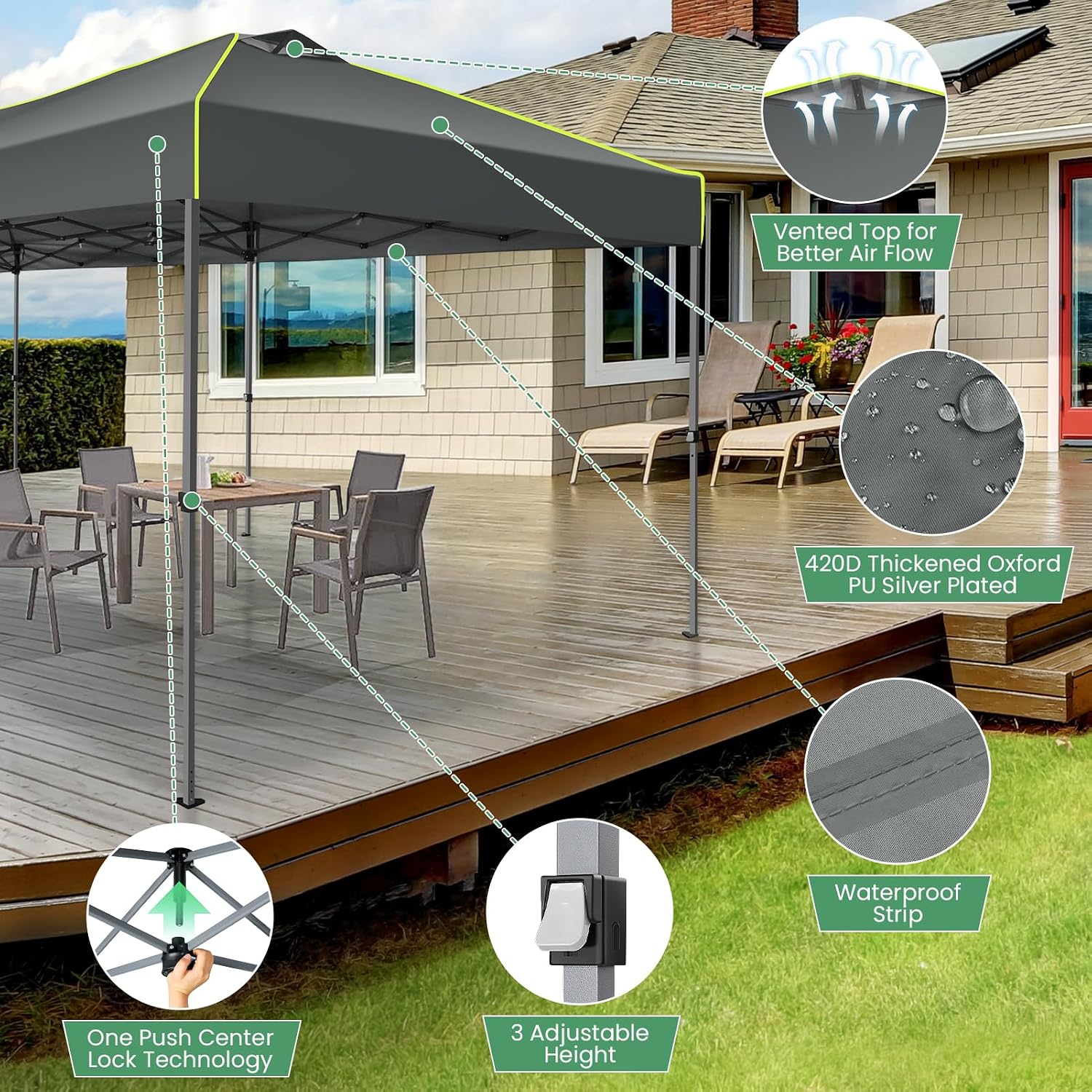 COBIZI 10x30 Pop Up Canopy One Push Party Tent with Air Vent Waterproof Commercial Outdoor Patio Gazebo for Parties Wedding Backyard Events, 3 Adjustable Height, Wheeled Bag, Sandbag, Stakes, Gray