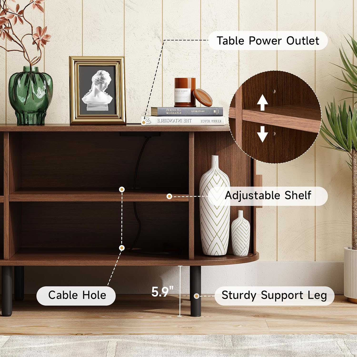 ONBRILL 86.6' TV Stand with Power Outlet for TVs up to 90 Inch, Entertainment Center with Storage and Adjustable Shelves, Modern Media Console with Sliding Doors for Living Room, Walnut