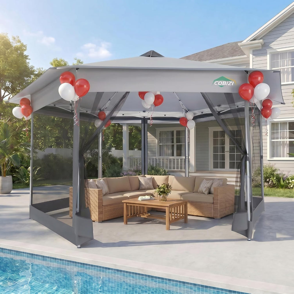 COBIZI 16x16 Pop Up Gazebo Tent with Mosquito Netting, Gazebos on Clearance, Hexagonal Outdoor Canopy Shelter, Patented Center Lock 6-Sided Portable Gazebos, Pop Up Canopy Tent for Backyard, White