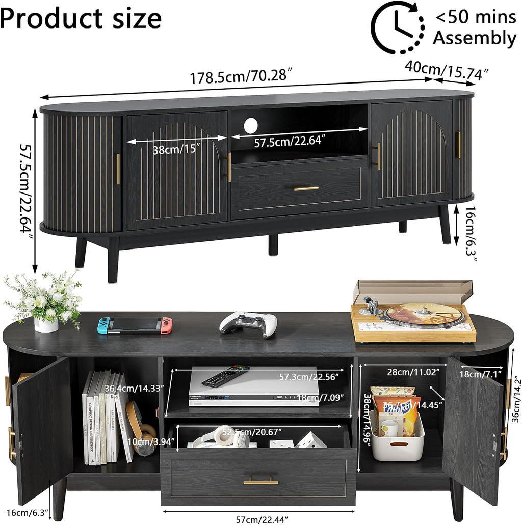 70' Fluted TV Stand for Tvs up to 80', Mid-Century Modern Entertainment Center with Drawers and Fluted Doors, Curved TV Media Console Table with Sliding Doors for Living Room, Bedroom (70' Black)