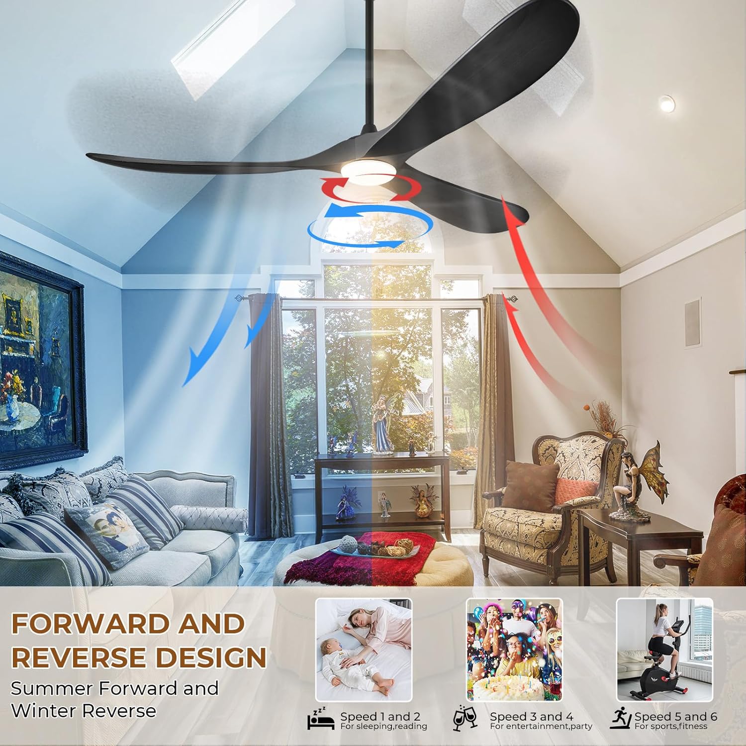 52' Outdoor Ceiling Fans with Lights and Remote Control, Wood Ceiling Fan with Lights High CFM Quiet 3 Blade Wood Walnut Fan, Propeller Ceiling Fan for Outdoor/Indoor/Patio,Matte Black