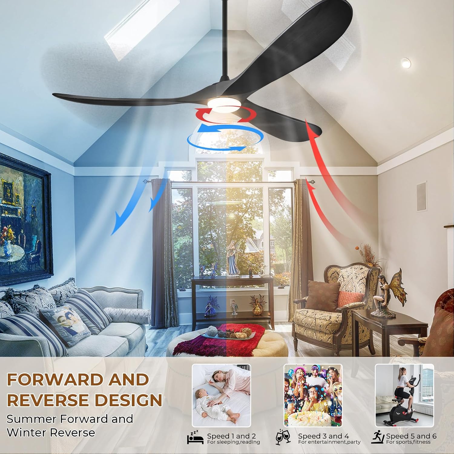 60' Ceiling Fans with Lights and Remote Control, Outdoor Ceiling Fan with Lights High CFM Quiet 3 Blades Propeller Wood Ceiling Fan for Patio,Porch,Farmhouse,Gazebo,Matte Black