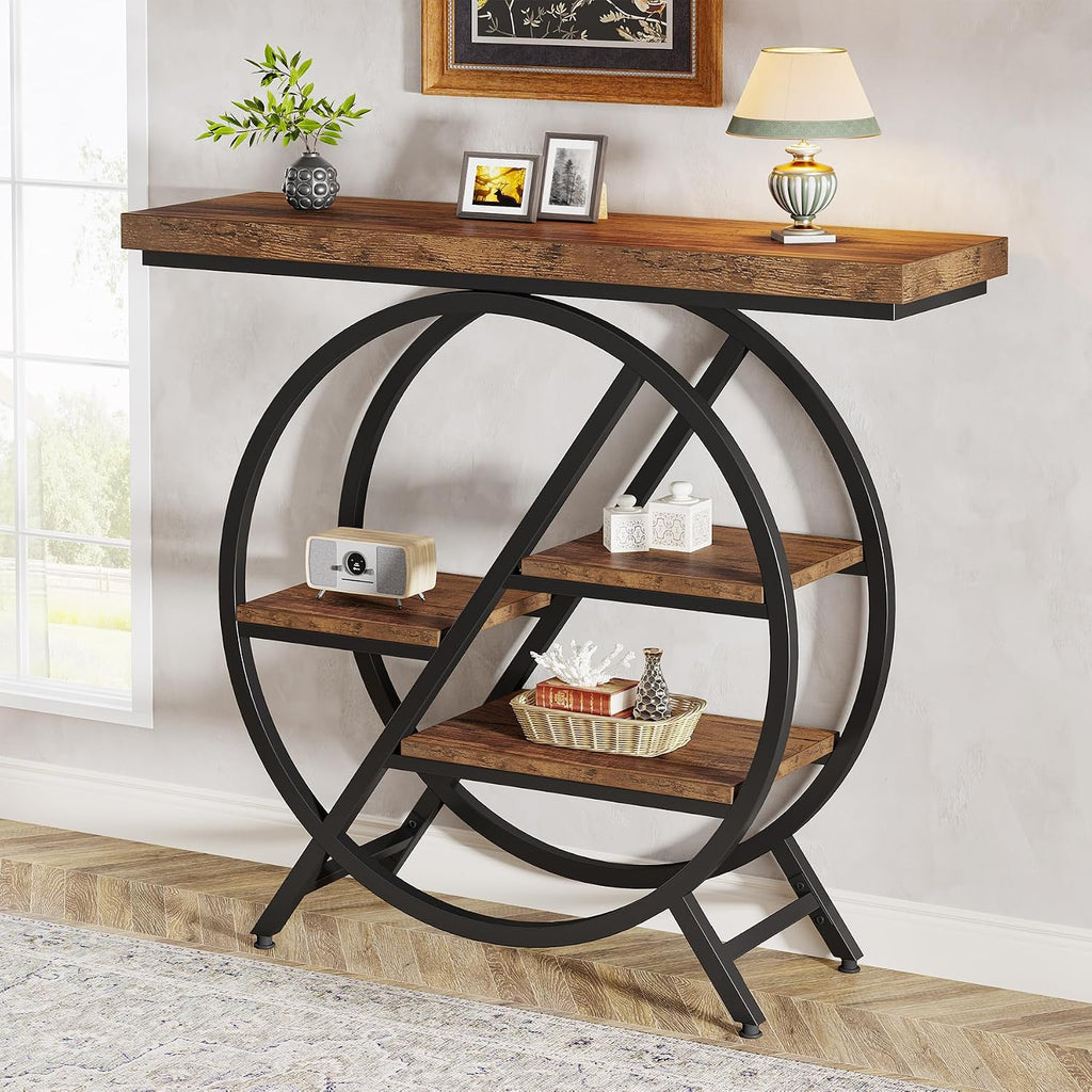 Tribesigns Console Table, 40-Inch Entryway Table with Storage Shelves, 4-Tier Industrial Hallway Sofa Table with Geometric Metal Frame, Accent Table for Living Room, Entryway, Rustic Brown