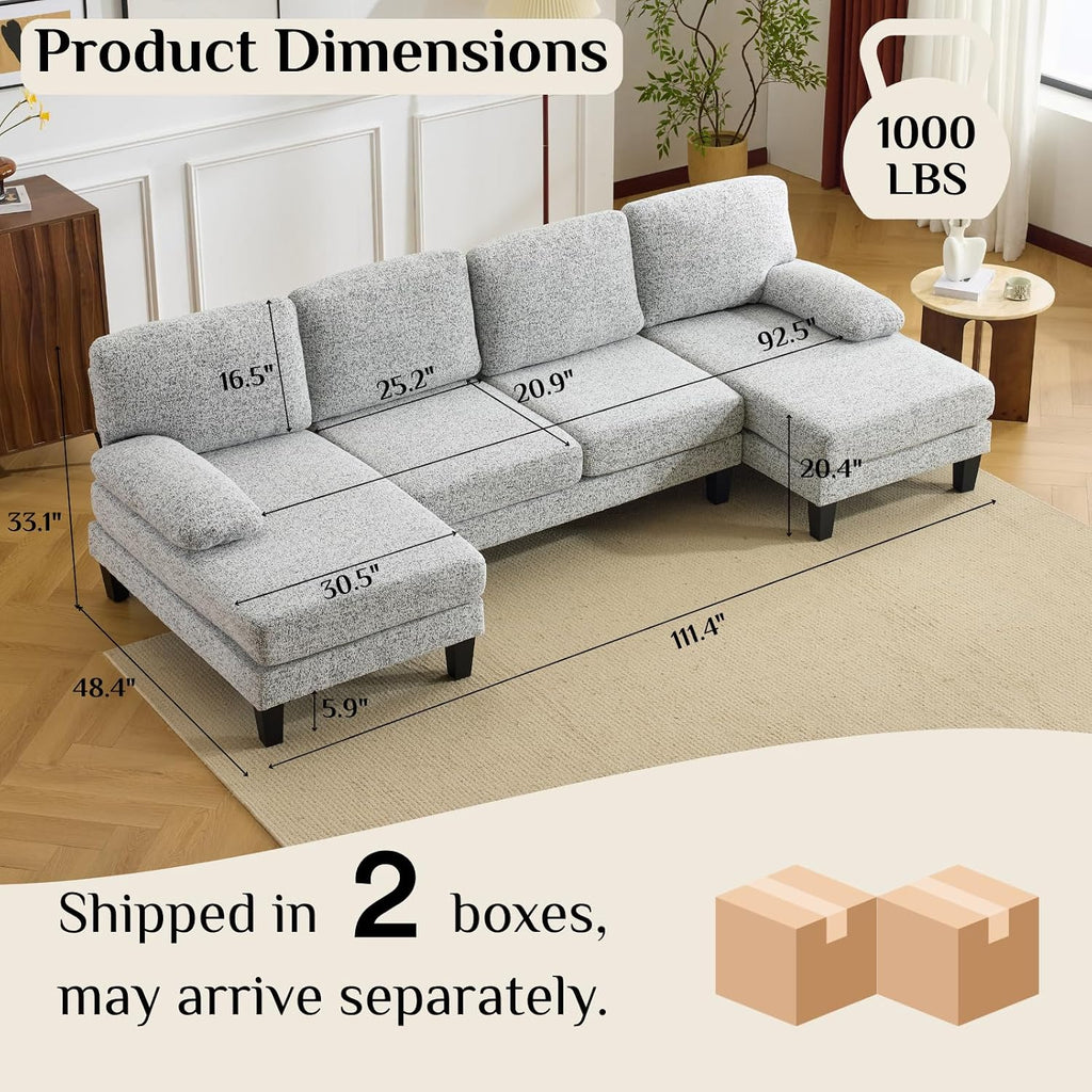 Karl home 110' Sectional Couches for Living Room U-Shape Sofa with Chenille Upholstery 4 Seat Sofa Set with Double Chaises & Wood Grain Legs for Apartment, Light Gray