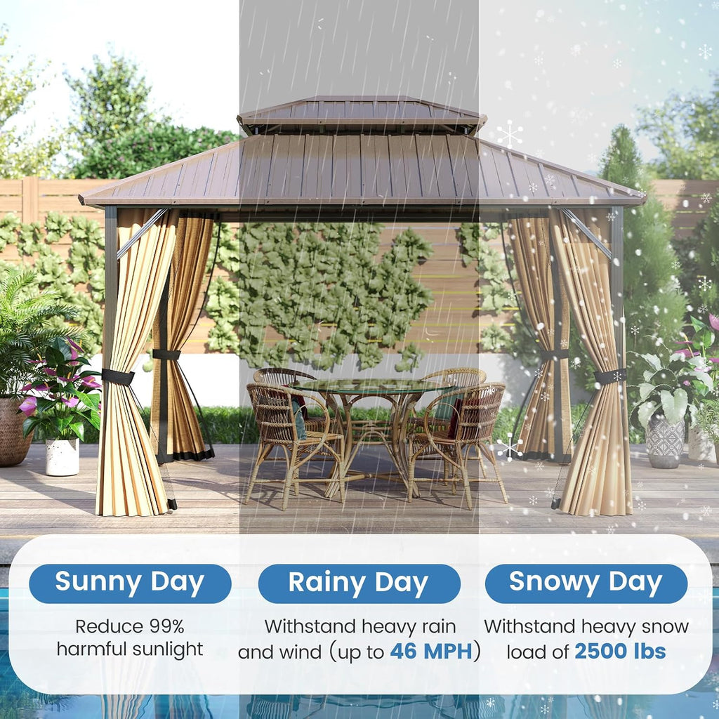 Tangkula 10x12 FT Hardtop Gazebo, Aluminum Frame Permanent Pavilion with Curtains, Netting, Heavy-Duty Double-Tier Galvanized Metal Roof, Outdoor Gazebo for Patios Garden Deck Lawn Backyard