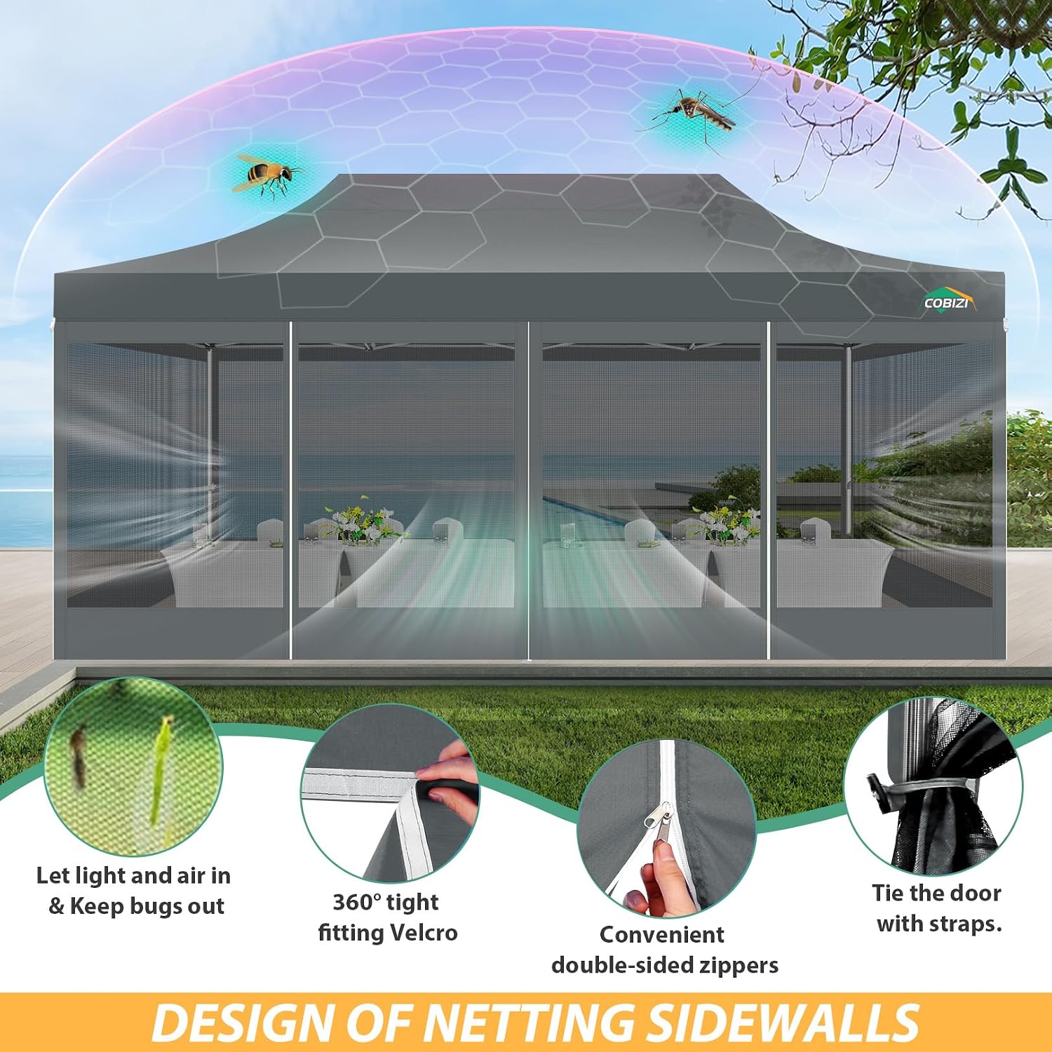COBIZI 10x20 Canopy Tent with 6 Sidewalls,Heavy Duty Pop up Canopy with Mosquito Netting,Easy up Screen Tent for Parties Wedding Outdoor Patio with Roller Bag,Gray