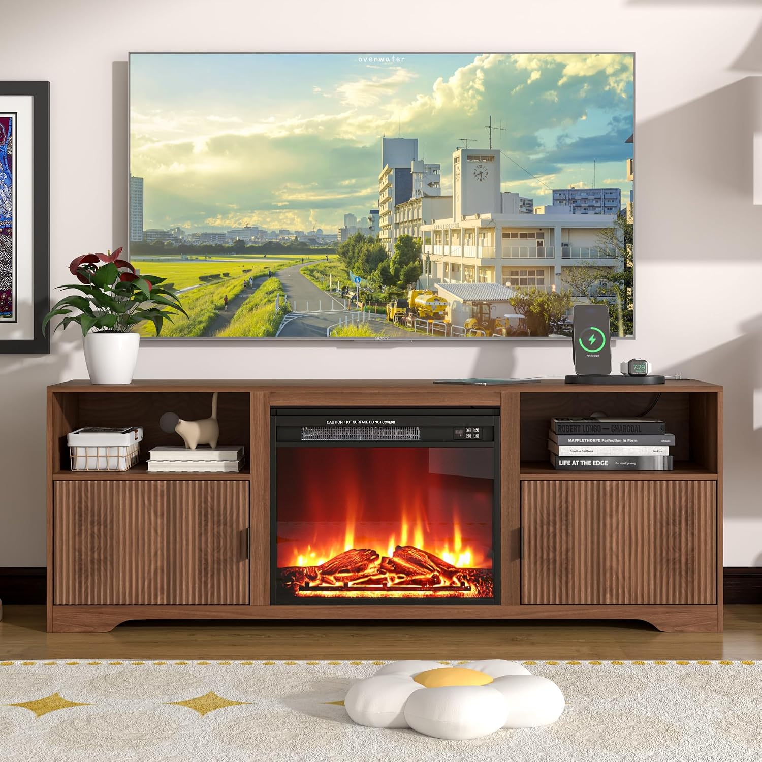 Fireplace TV Stand for Television up to 80 Inch,Entertainment Center with Adjustable Shelf,Mid-Century Modern Fluted TV Stand with 23' Electric Fireplace,Media Console for Living Room,Bedroom