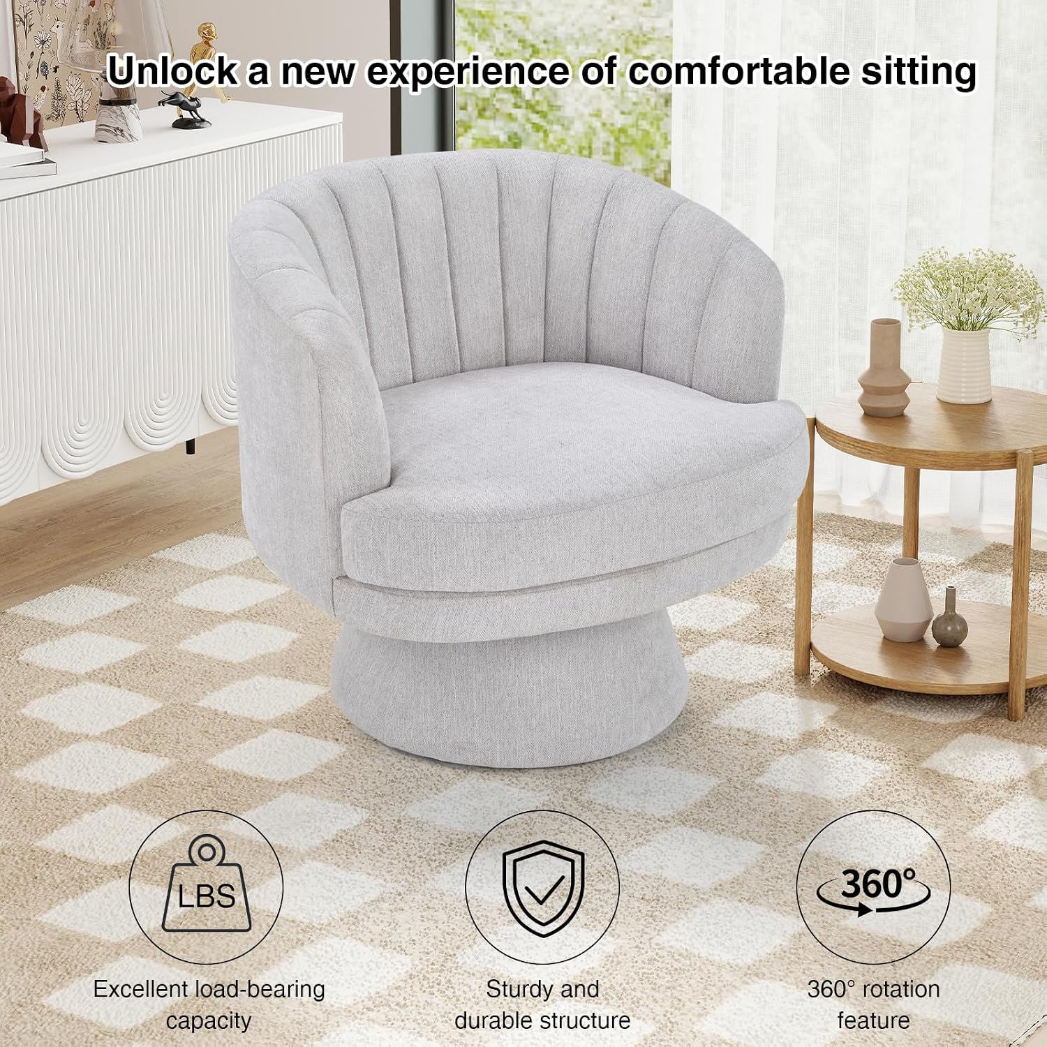 CANMOV Swivel Accent Chair with Armrest, Modern 360 Degree Swivel Barrel Chair with Curve Back and Soft Cushion,Comfy Fabric Round Armchair Single Sofa for Living Room,Bedroom,Waiting Room,Grey