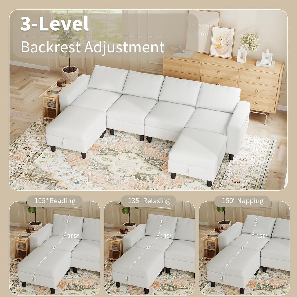Modular Sectional Couches for Living Room, 110' U Shaped Sectional Sofa with Adjustable Backrest, 6 Seat Linen Cloud Couch Sectionals with Storage Ottoman for Apartment (White)