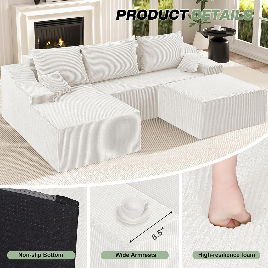 HABUTWAY 94' U Shaped Modular Sectional Couch for Living Room, Modular Cloud Sofa with Ottoman, No Assembly Boneless Couches with Deep Seat, Corduroy Fabric (Beige, Left Facing) | Cloud Sofa, With Ottoman, No Assembly, Boneless, Deep Seat, Corduroy Fabric