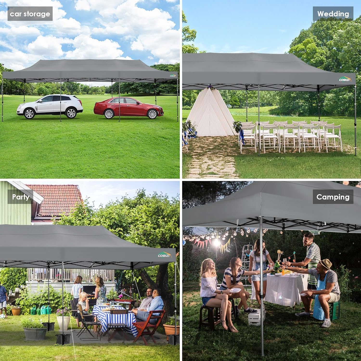 COBIZI 10x30 Heavy Duty Pop up Canopy Party Tent for Parties Weddings Events UPF 50+ Waterproof Commercial Gazebo with Roller Bag, Gray(Frame Thickened)