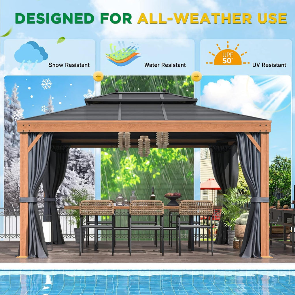 EROMMY 10' x 13' Hardtop Gazebo Outdoor Aluminum Wood Grain Gazebos with Galvanized Steel Roof and Mosquito Net for Patios, Deck,Backyard,Curtains&Netting