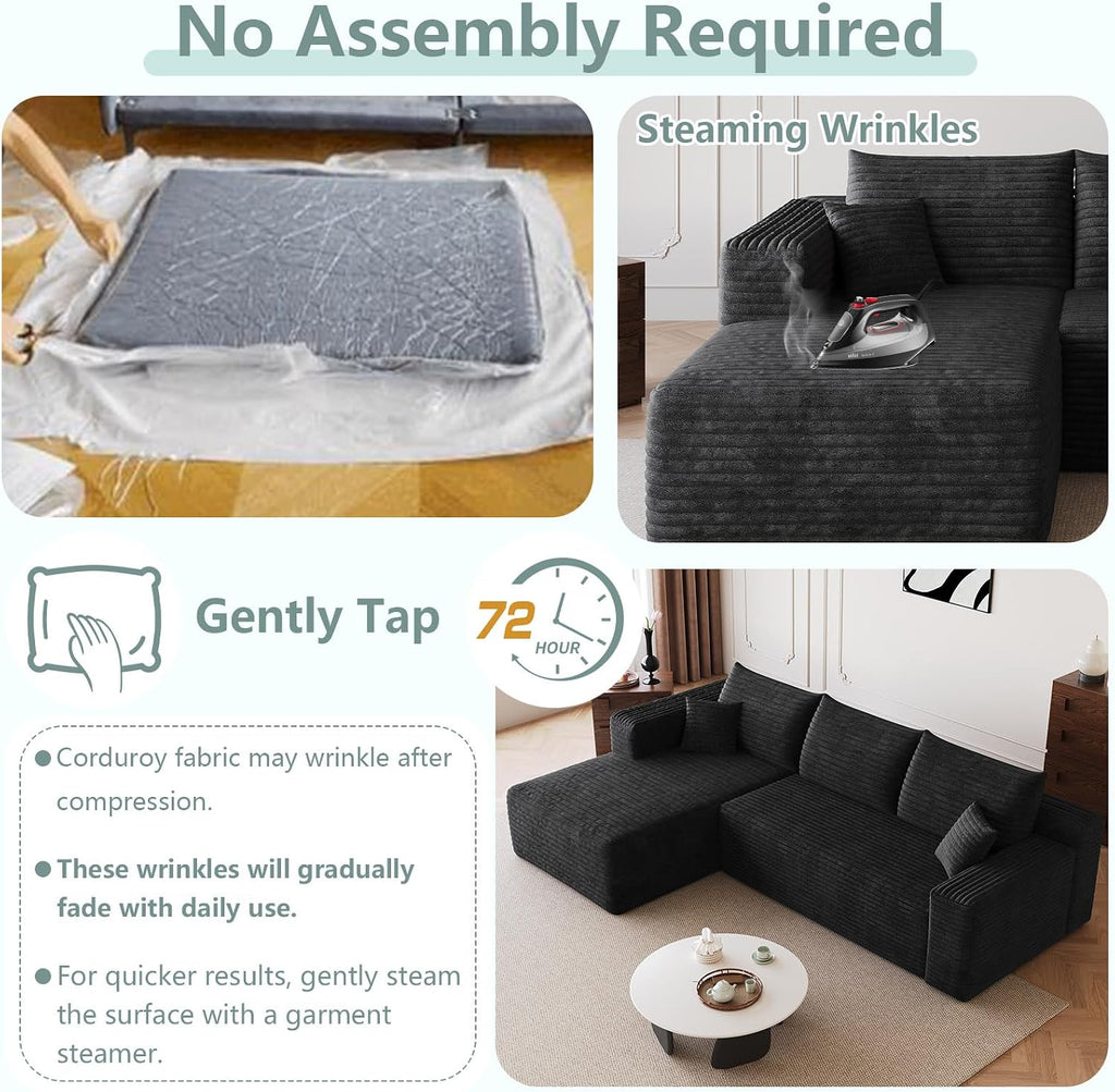 95' Modular Sectional Sofa, Modern Corduroy Cloud Couch with Side Pockets, Boneless Couch Upholstered 3-Seater L-Shaped Sofa for Living Room, No Assembly Required (Black,Left-Facing Chaise)
