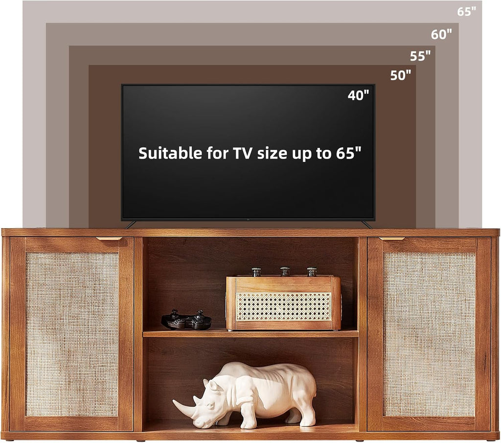 LEYAOYAO Rattan TV Stands for Living Room, Boho TV Cabinet with Storage and Open Shelf, Rustic Wood Entertainment Center, Media Console for 50-65 Inch TV, Tea Brown