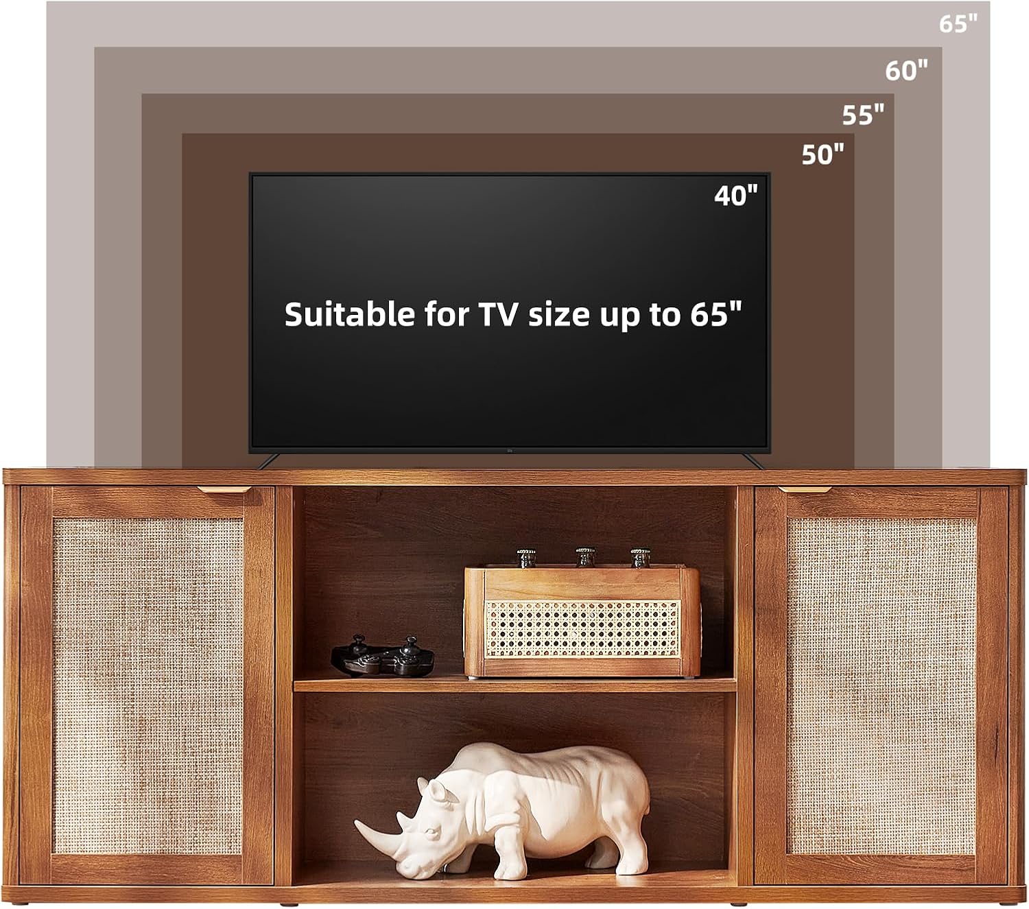 LEYAOYAO Rattan TV Stands for Living Room, Boho TV Cabinet with Storage and Open Shelf, Rustic Wood Entertainment Center, Media Console for 50-65 Inch TV, Tea Brown